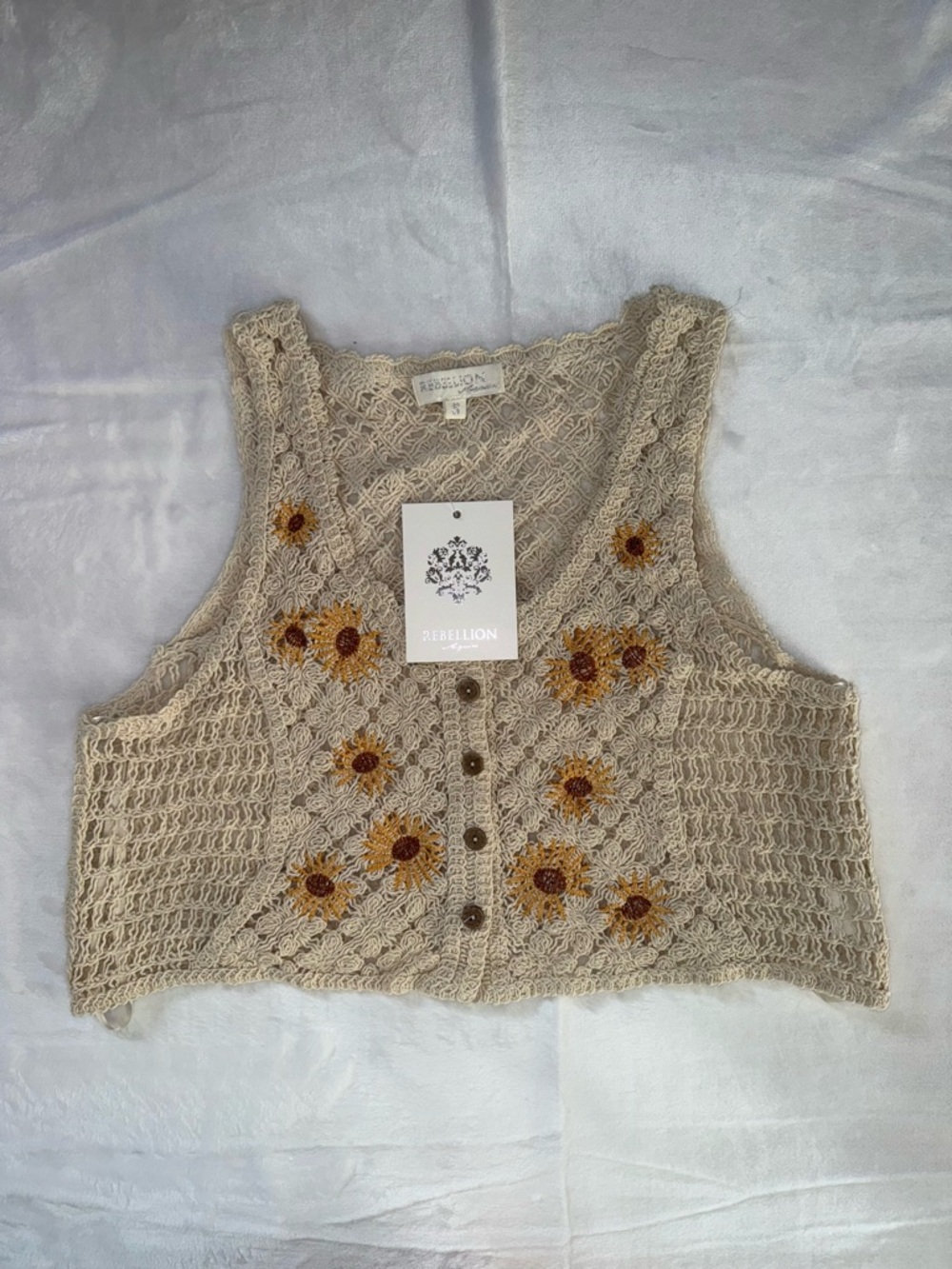 Rebellion Again Women Size S Vest Knit Embroidered Floral Cotton New Sleeveless - Picture 2 of 8